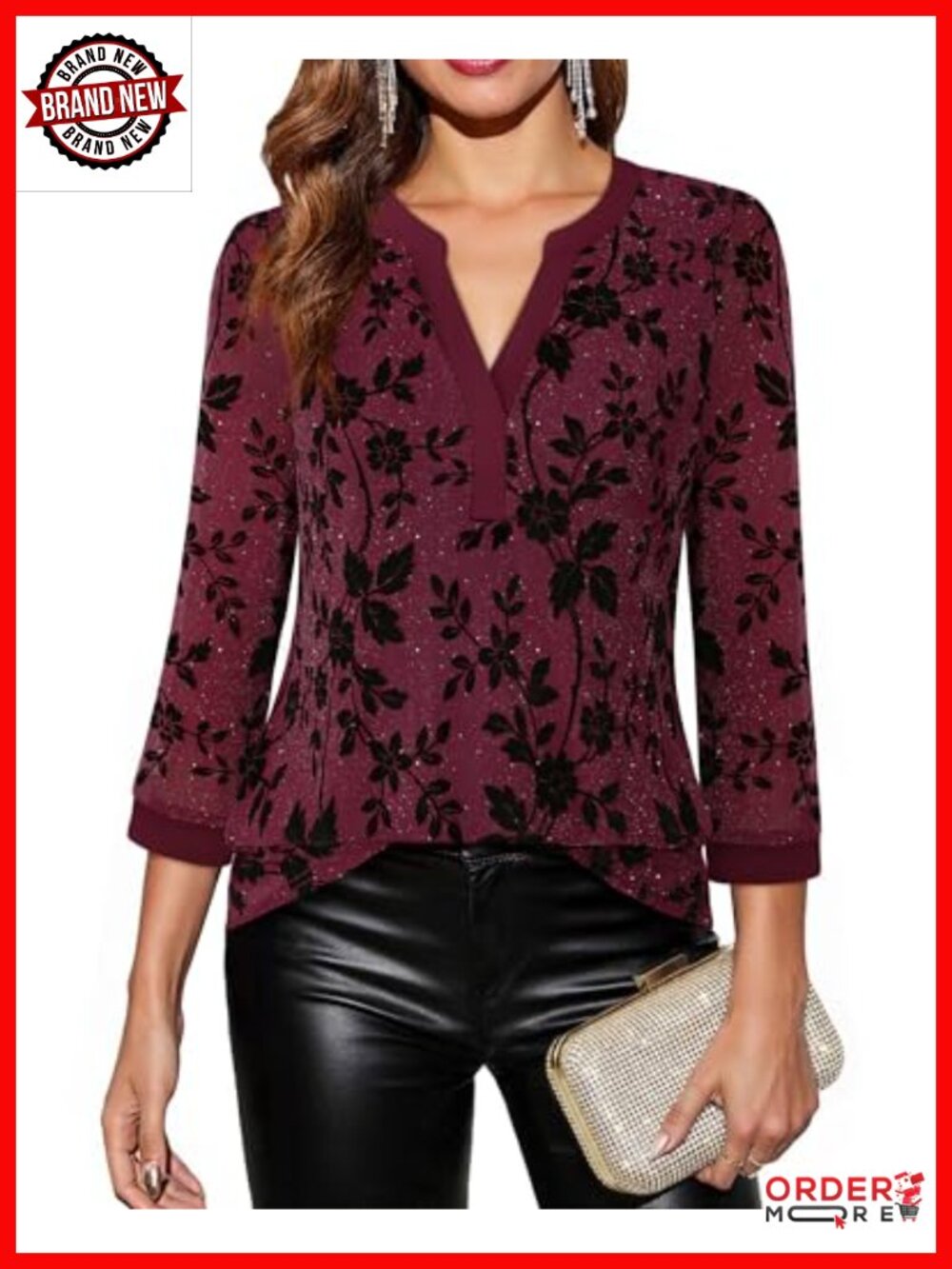 Women's 3/4 Sleeve V-Neck Double-Layer Mesh Tunic Top Blouse